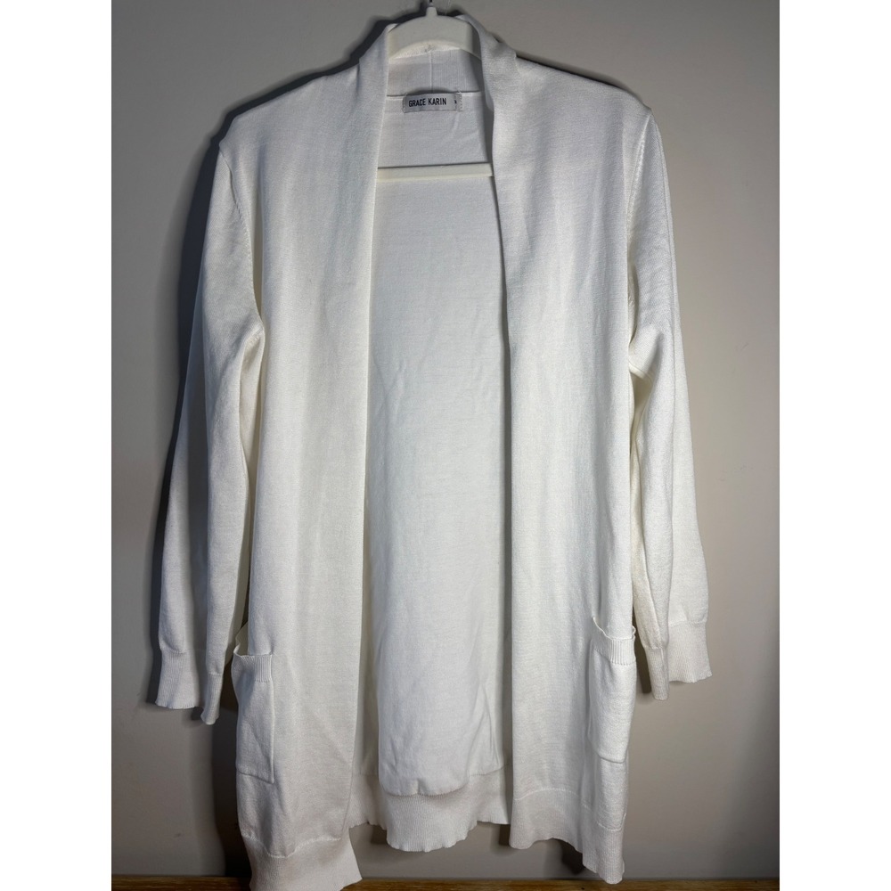 GRACE KARIN White Knit Cardigan Duster Open Front Long Sleeve Pockets M